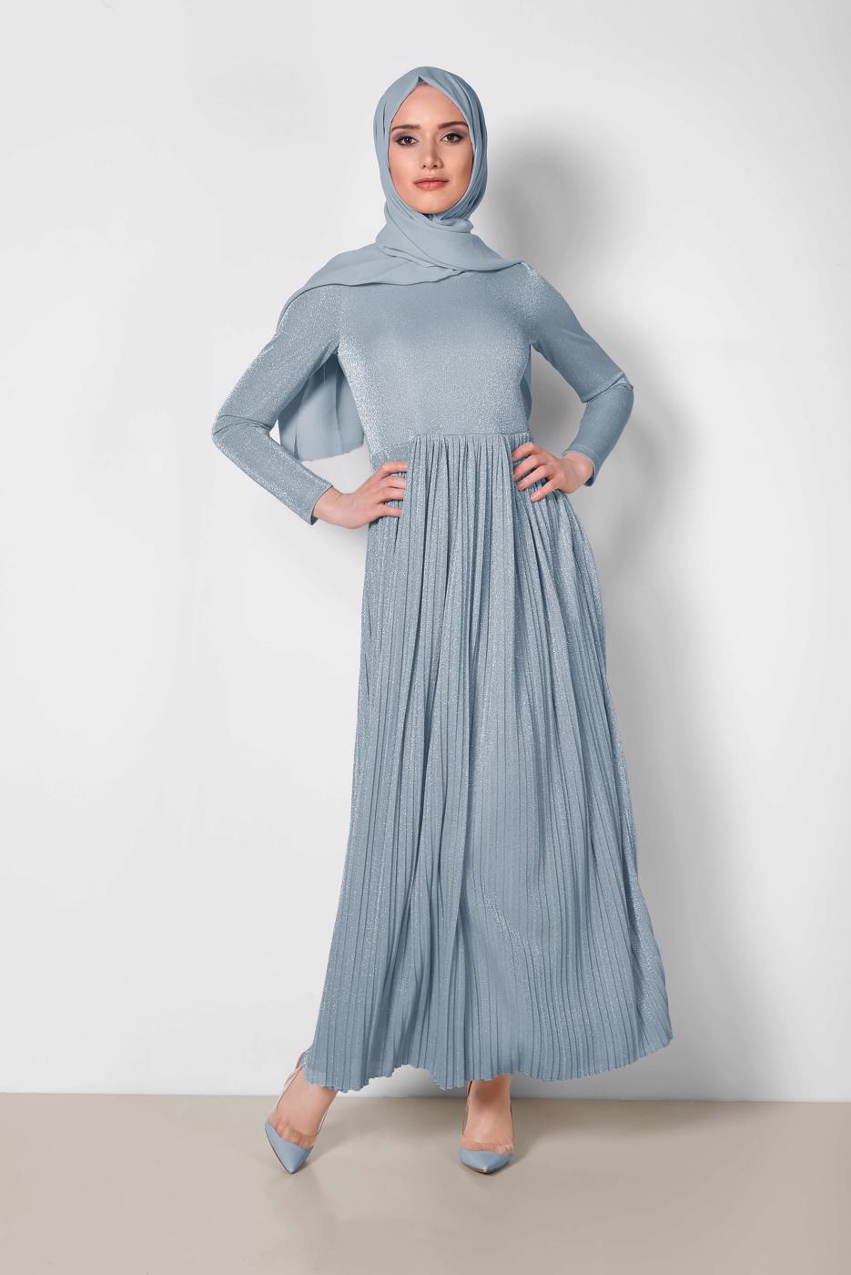 Tesettür giyim MAVİ ALVİNA PİLİSELİ SİMLİ ELBİSE 4126