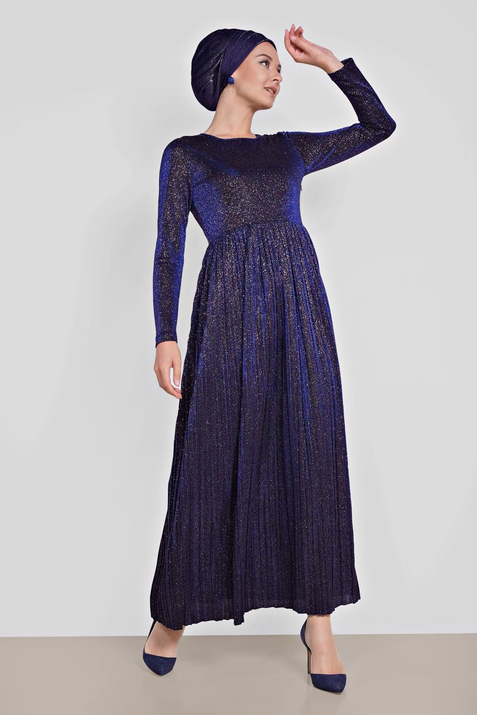 Tesettür giyim LACİVERT ALVİNA PİLİSELİ SİMLİ ELBİSE 4126