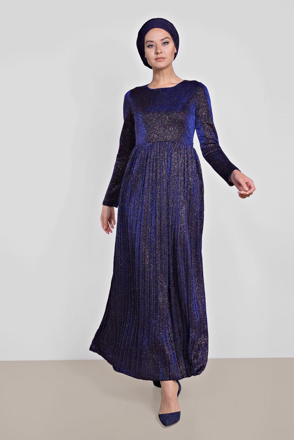 Tesettür giyim LACİVERT ALVİNA PİLİSELİ SİMLİ ELBİSE 4126