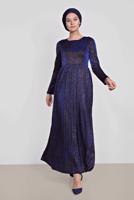Tesettür giyim LACİVERT ALVİNA PİLİSELİ SİMLİ ELBİSE 4126