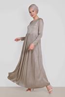 Tesettür giyim EKRU ALVİNA PİLİSELİ SİMLİ ELBİSE 4126