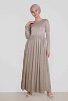 Tesettür giyim EKRU ALVİNA PİLİSELİ SİMLİ ELBİSE 4126