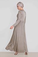 Tesettür giyim EKRU ALVİNA PİLİSELİ SİMLİ ELBİSE 4126