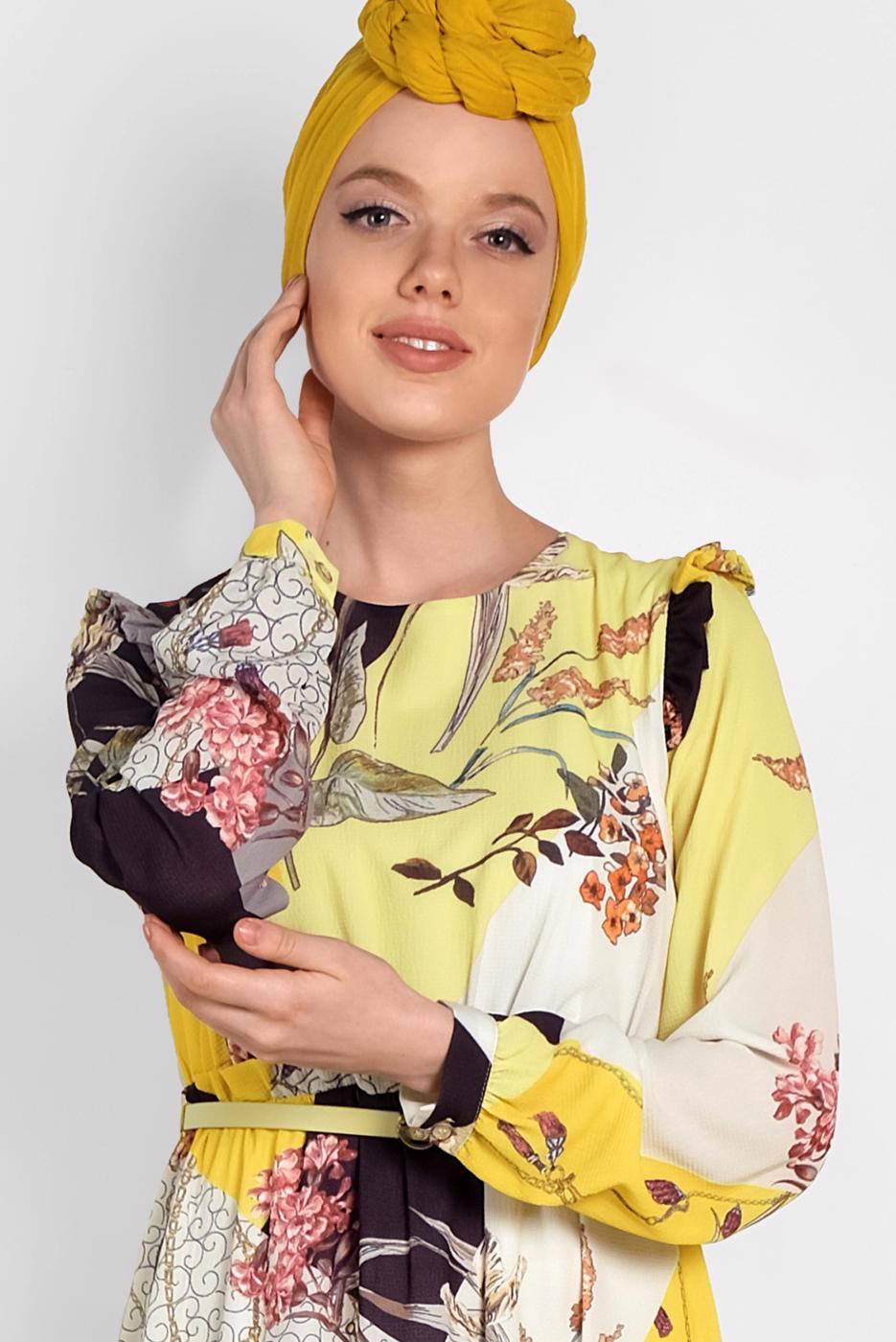 Tesettür giyim SARI ALVİNA DESENLİ KUŞAKLI ELBİSE 4171