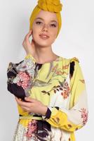Tesettür giyim SARI ALVİNA DESENLİ KUŞAKLI ELBİSE 4171