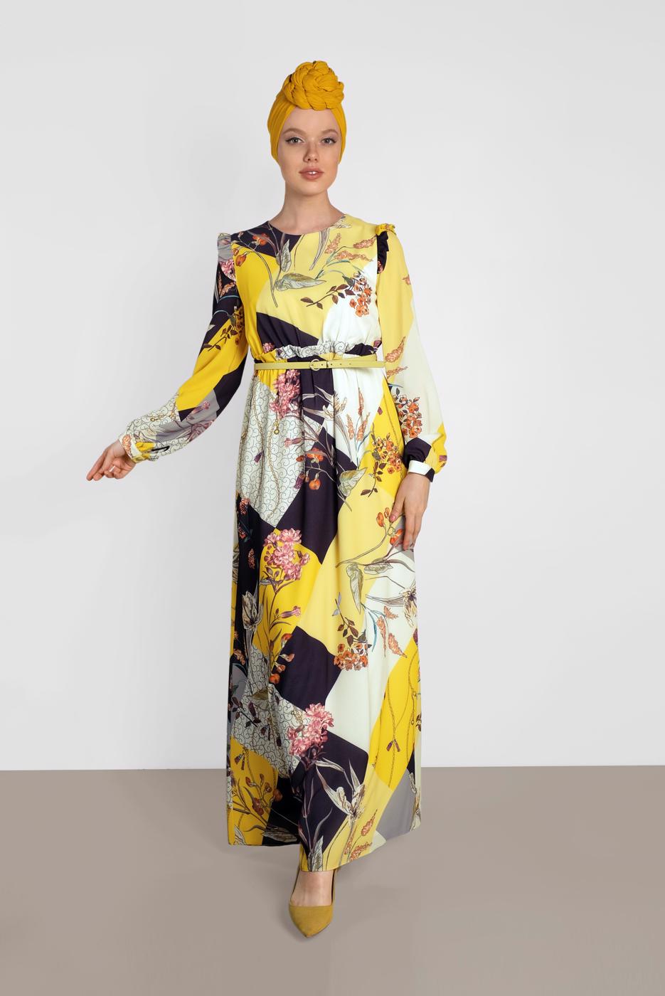 Tesettür giyim SARI ALVİNA DESENLİ KUŞAKLI ELBİSE 4171