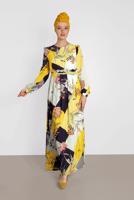 Tesettür giyim SARI ALVİNA DESENLİ KUŞAKLI ELBİSE 4171