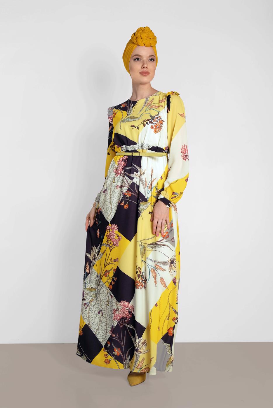 Tesettür giyim SARI ALVİNA DESENLİ KUŞAKLI ELBİSE 4171