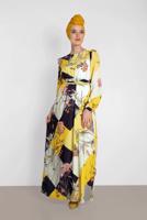 Tesettür giyim SARI ALVİNA DESENLİ KUŞAKLI ELBİSE 4171