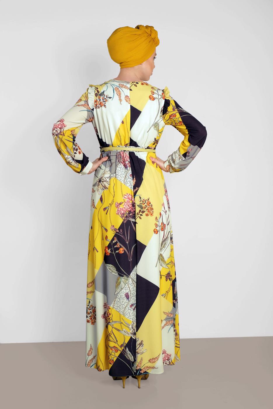 Tesettür giyim SARI ALVİNA DESENLİ KUŞAKLI ELBİSE 4171