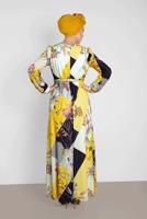 Tesettür giyim SARI ALVİNA DESENLİ KUŞAKLI ELBİSE 4171