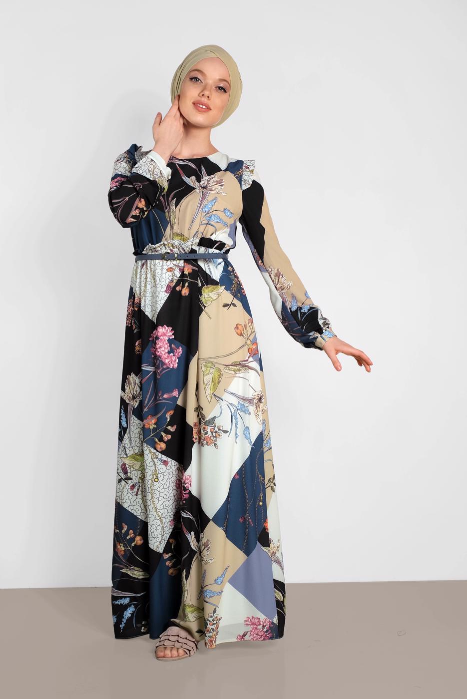 Tesettür giyim LACİVERT ALVİNA DESENLİ KUŞAKLI ELBİSE 4171