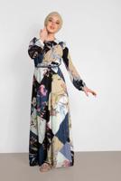 Tesettür giyim LACİVERT ALVİNA DESENLİ KUŞAKLI ELBİSE 4171