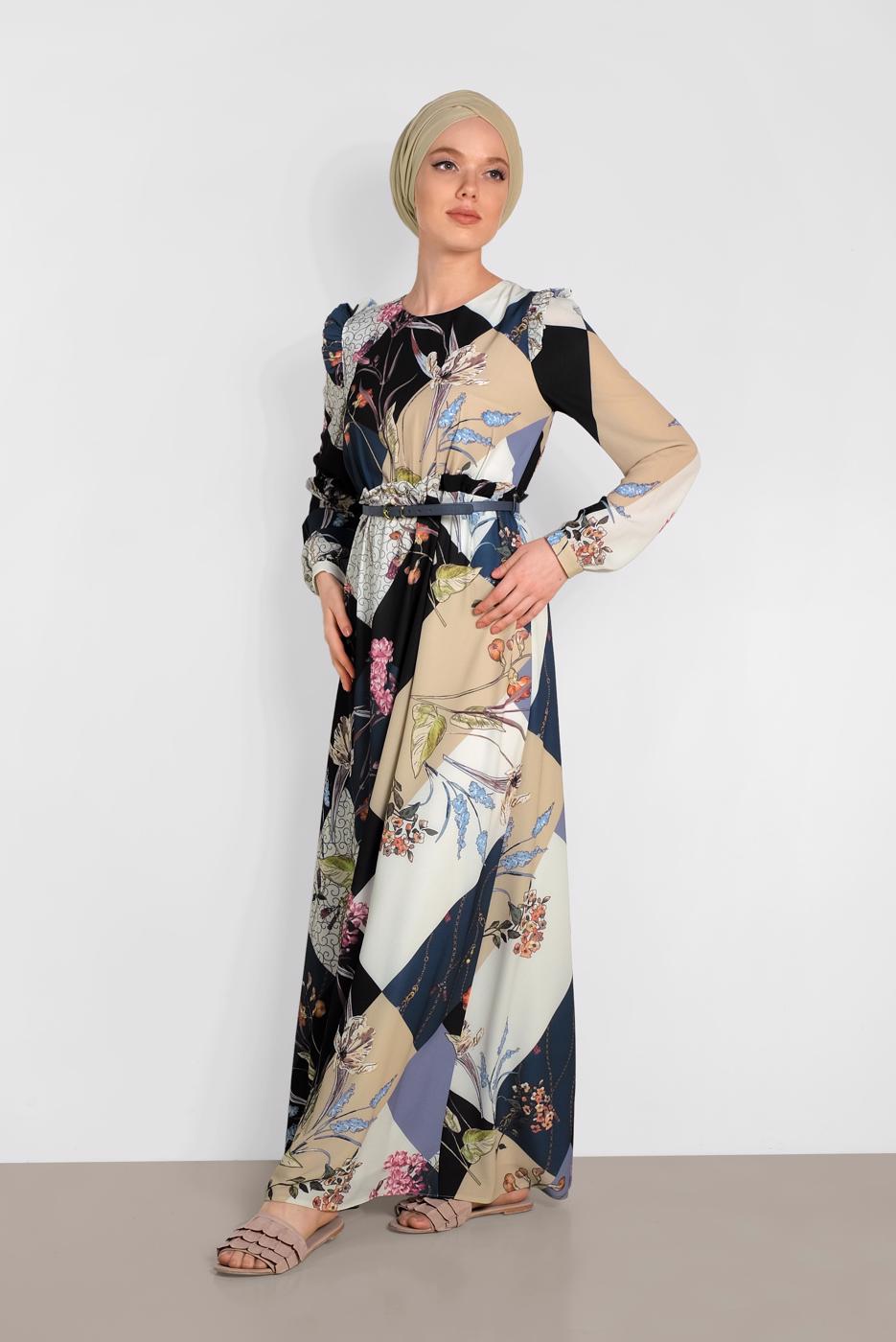 Tesettür giyim LACİVERT ALVİNA DESENLİ KUŞAKLI ELBİSE 4171