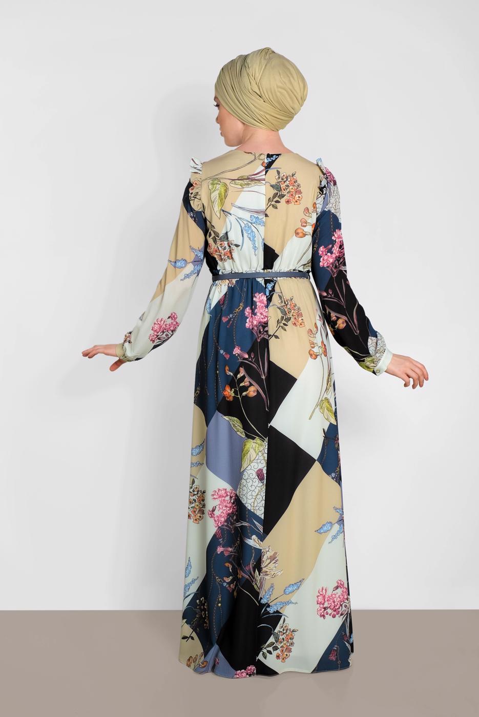 Tesettür giyim LACİVERT ALVİNA DESENLİ KUŞAKLI ELBİSE 4171