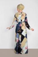 Tesettür giyim LACİVERT ALVİNA DESENLİ KUŞAKLI ELBİSE 4171