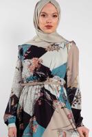 Tesettür giyim MAVİ ALVİNA DESENLİ KUŞAKLI ELBİSE 4171