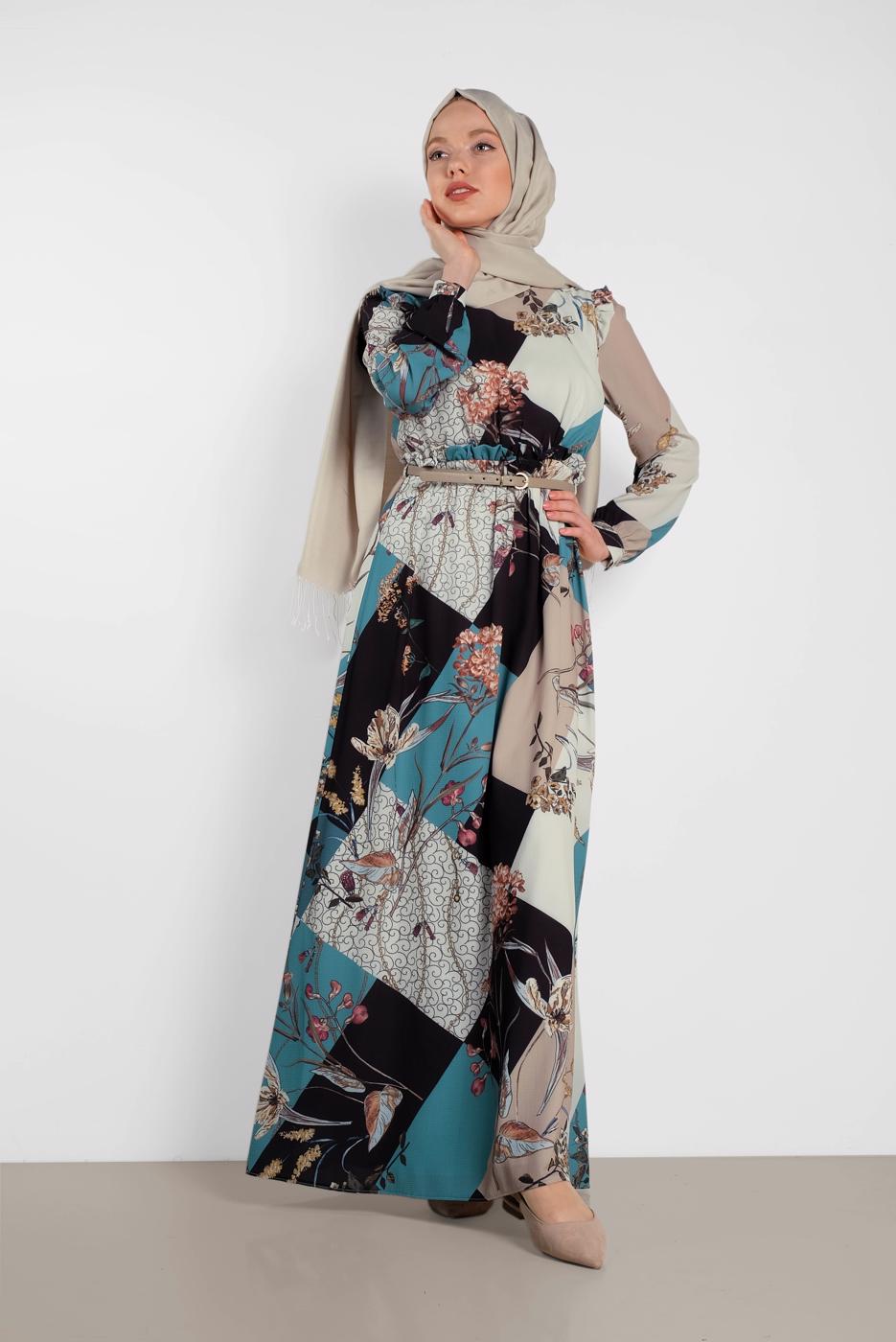 Tesettür giyim MAVİ ALVİNA DESENLİ KUŞAKLI ELBİSE 4171