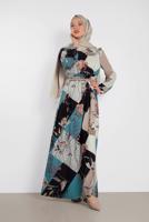 Tesettür giyim MAVİ ALVİNA DESENLİ KUŞAKLI ELBİSE 4171