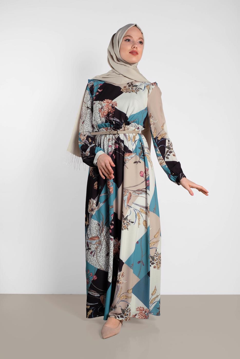Tesettür giyim MAVİ ALVİNA DESENLİ KUŞAKLI ELBİSE 4171