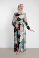 Tesettür giyim MAVİ ALVİNA DESENLİ KUŞAKLI ELBİSE 4171