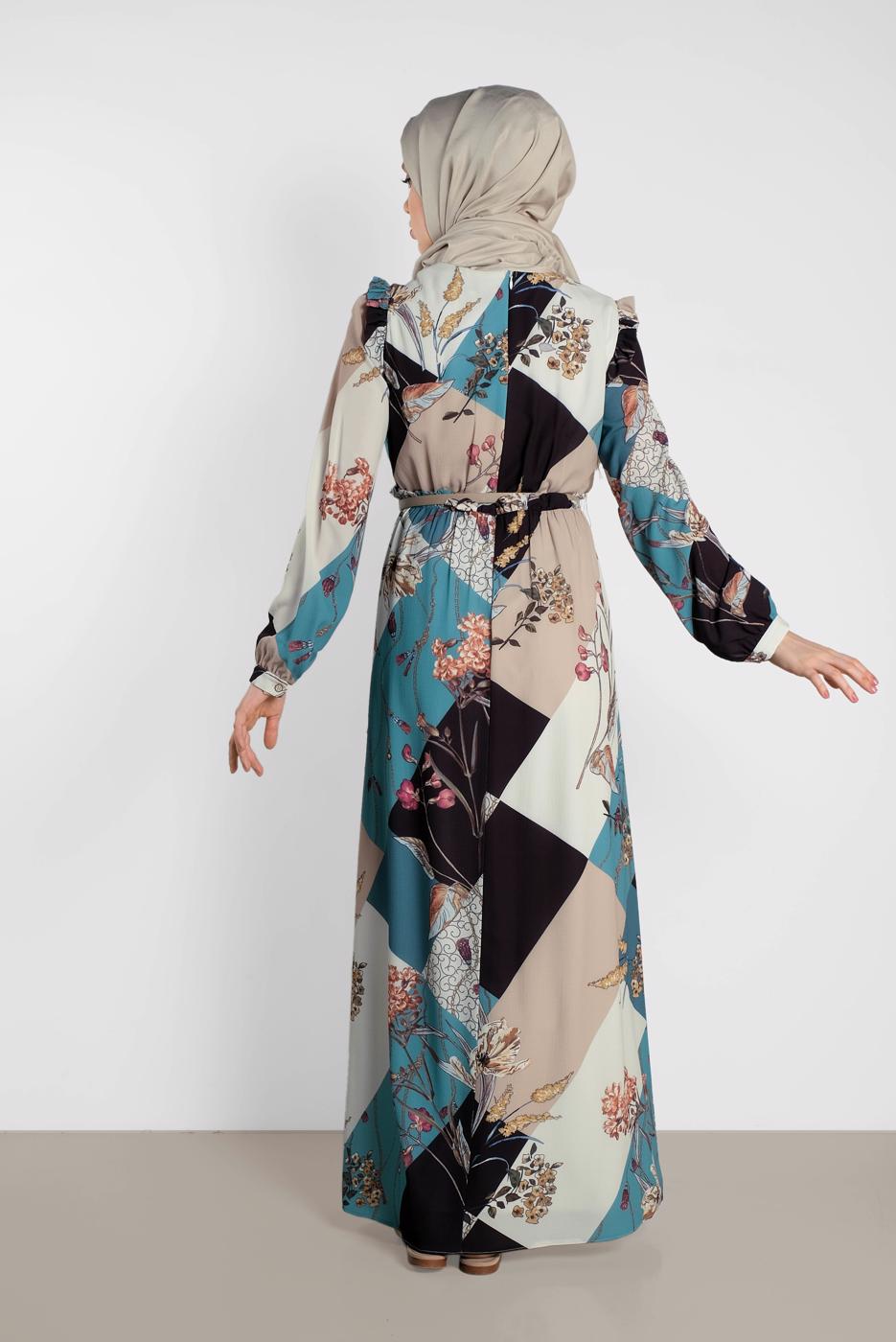 Tesettür giyim MAVİ ALVİNA DESENLİ KUŞAKLI ELBİSE 4171