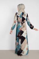 Tesettür giyim MAVİ ALVİNA DESENLİ KUŞAKLI ELBİSE 4171