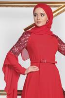 Tesettür giyim KIRMIZI ALVİNA KOLLARI SALAŞ ABİYE ELBİSE 4217