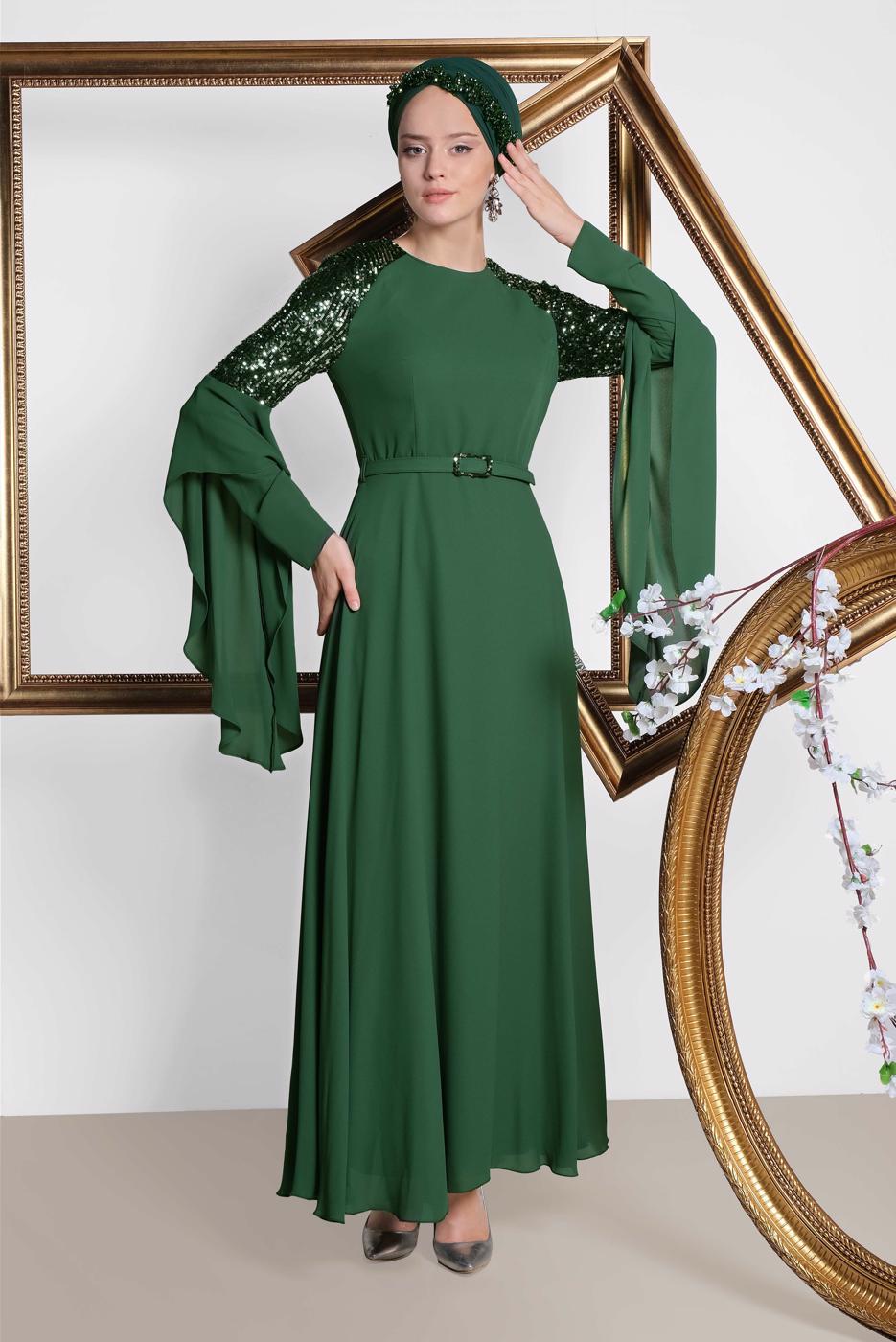 Tesettür giyim YEŞİL ALVİNA KOLLARI SALAŞ ABİYE ELBİSE 4217