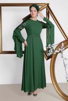 Tesettür giyim YEŞİL ALVİNA KOLLARI SALAŞ ABİYE ELBİSE 4217
