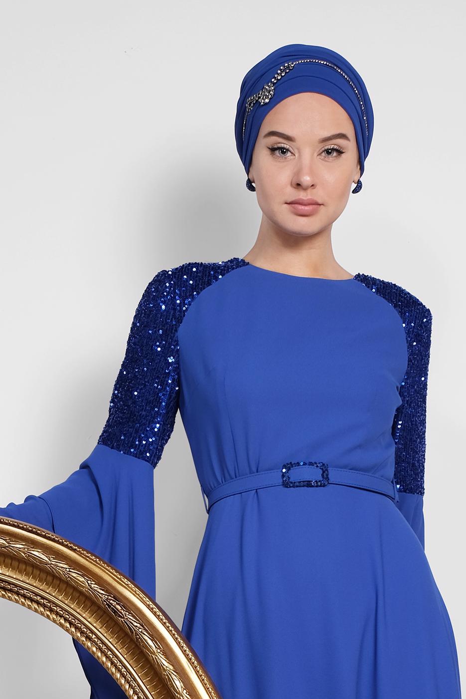 Tesettür giyim LACİVERT ALVİNA KOLLARI SALAŞ ABİYE ELBİSE 4217