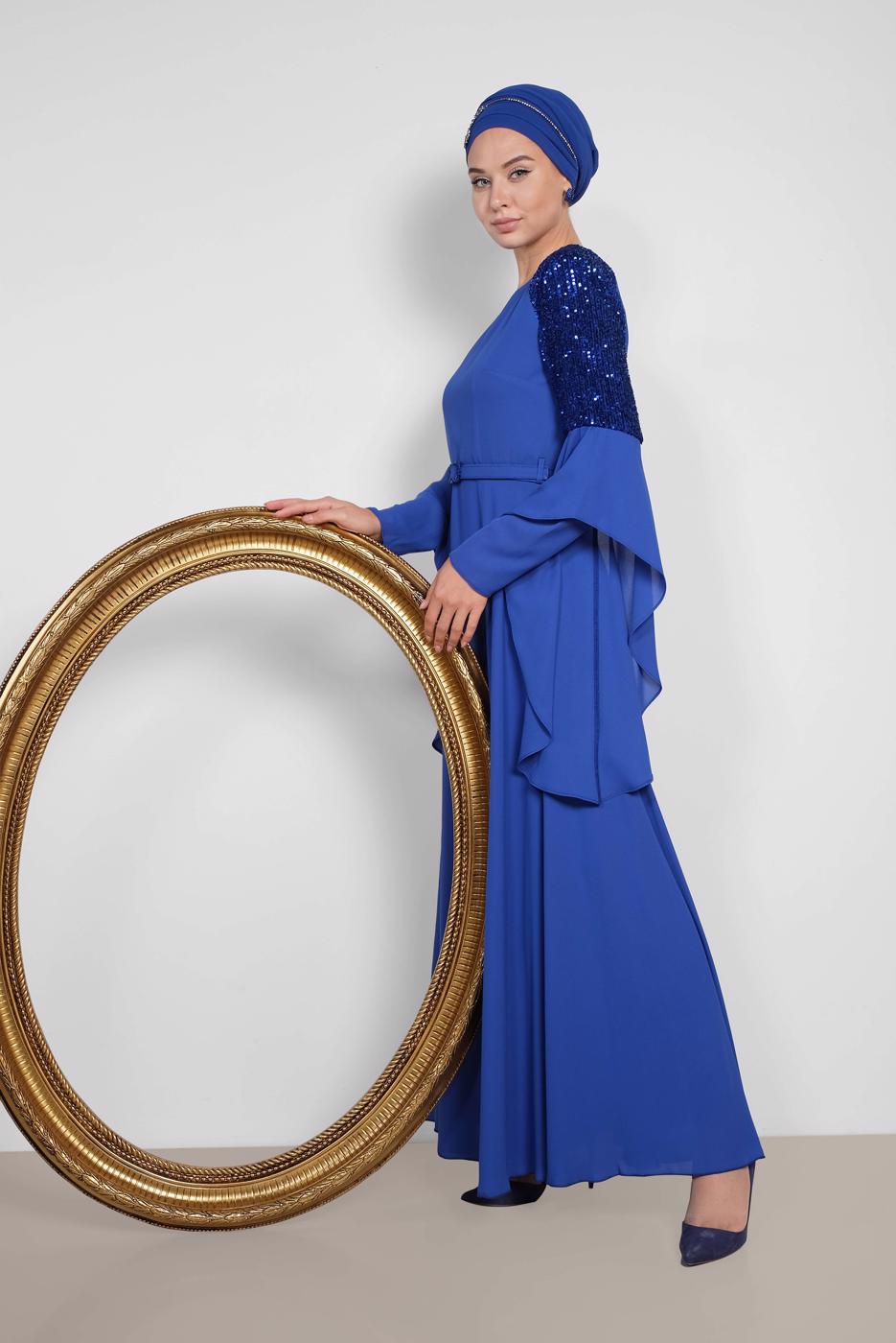 Tesettür giyim LACİVERT ALVİNA KOLLARI SALAŞ ABİYE ELBİSE 4217