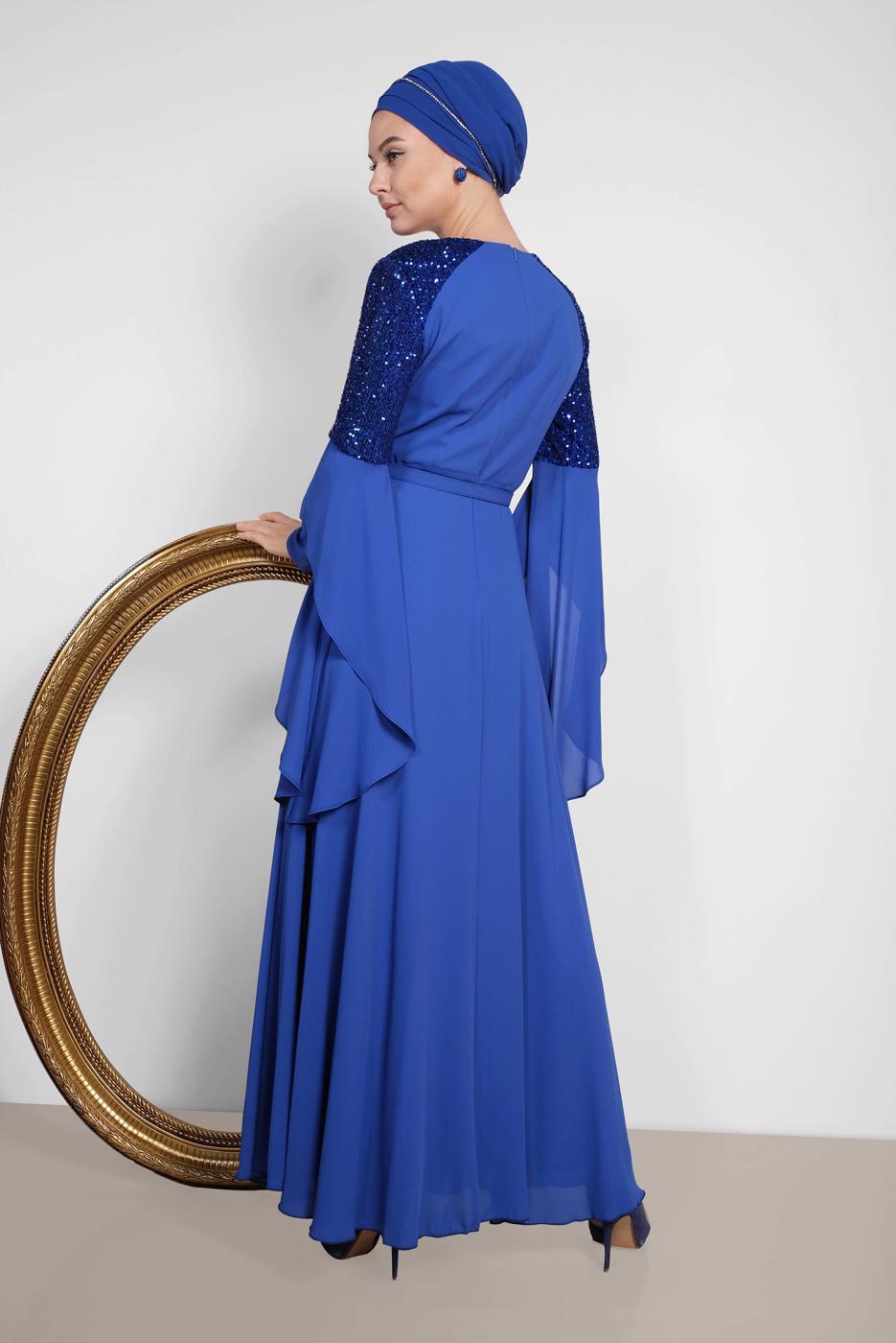 Tesettür giyim LACİVERT ALVİNA KOLLARI SALAŞ ABİYE ELBİSE 4217