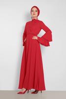 Tesettür giyim KIRMIZI ALVİNA KOLLARI PİLİSELİ ELBİSE 4219