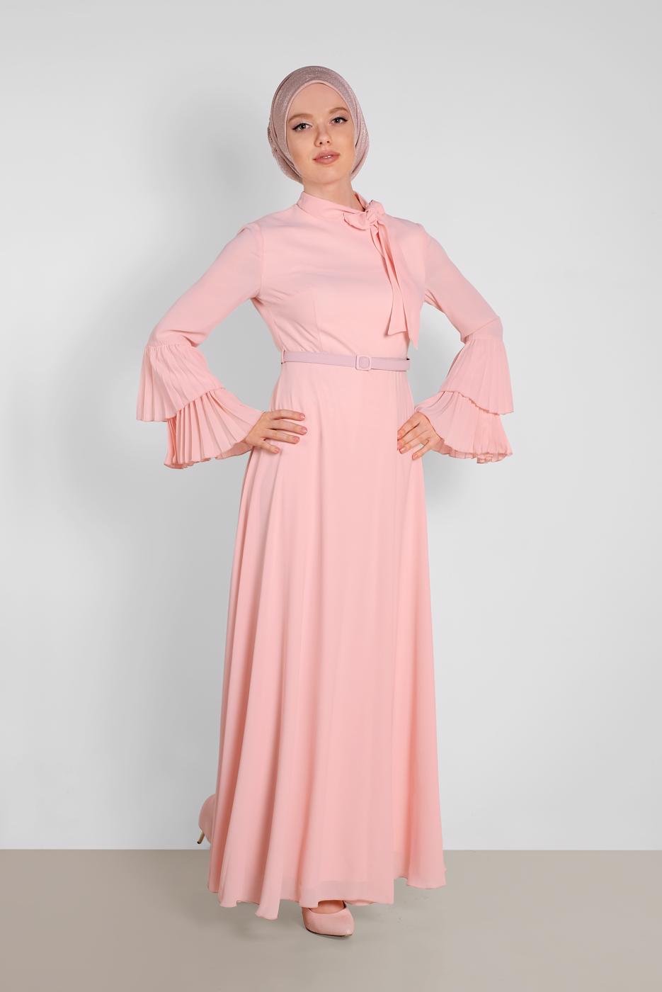 Tesettür giyim PUDRA ALVİNA KOLLARI PİLİSELİ ELBİSE 4219