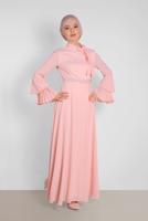 Tesettür giyim PUDRA ALVİNA KOLLARI PİLİSELİ ELBİSE 4219