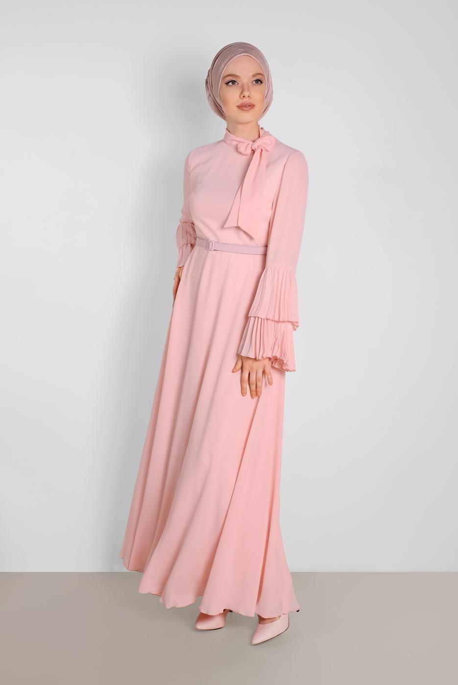 Tesettür giyim PUDRA ALVİNA KOLLARI PİLİSELİ ELBİSE 4219
