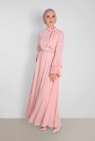 Tesettür giyim PUDRA ALVİNA KOLLARI PİLİSELİ ELBİSE 4219