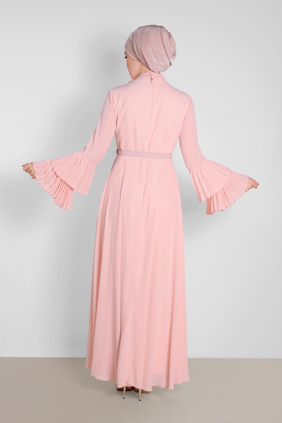 Tesettür giyim PUDRA ALVİNA KOLLARI PİLİSELİ ELBİSE 4219