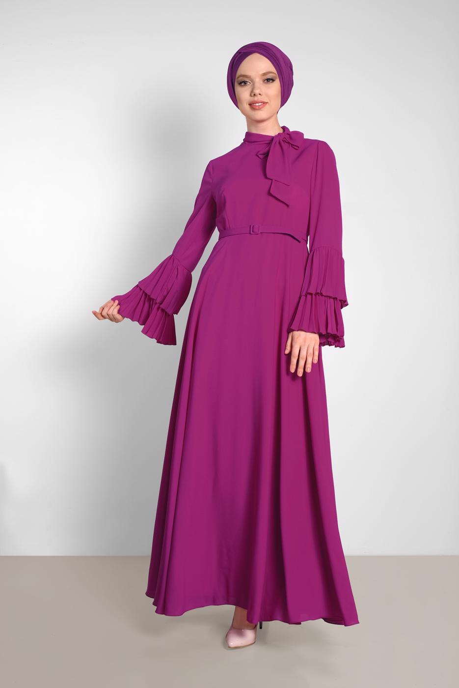Tesettür giyim MOR ALVİNA KOLLARI PİLİSELİ ELBİSE 4219