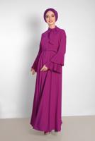 Tesettür giyim MOR ALVİNA KOLLARI PİLİSELİ ELBİSE 4219