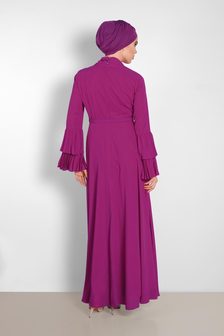 Tesettür giyim MOR ALVİNA KOLLARI PİLİSELİ ELBİSE 4219