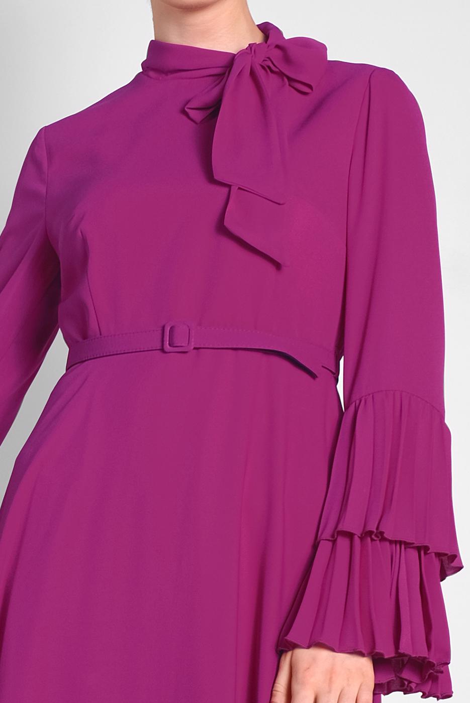 Tesettür giyim MOR ALVİNA KOLLARI PİLİSELİ ELBİSE 4219