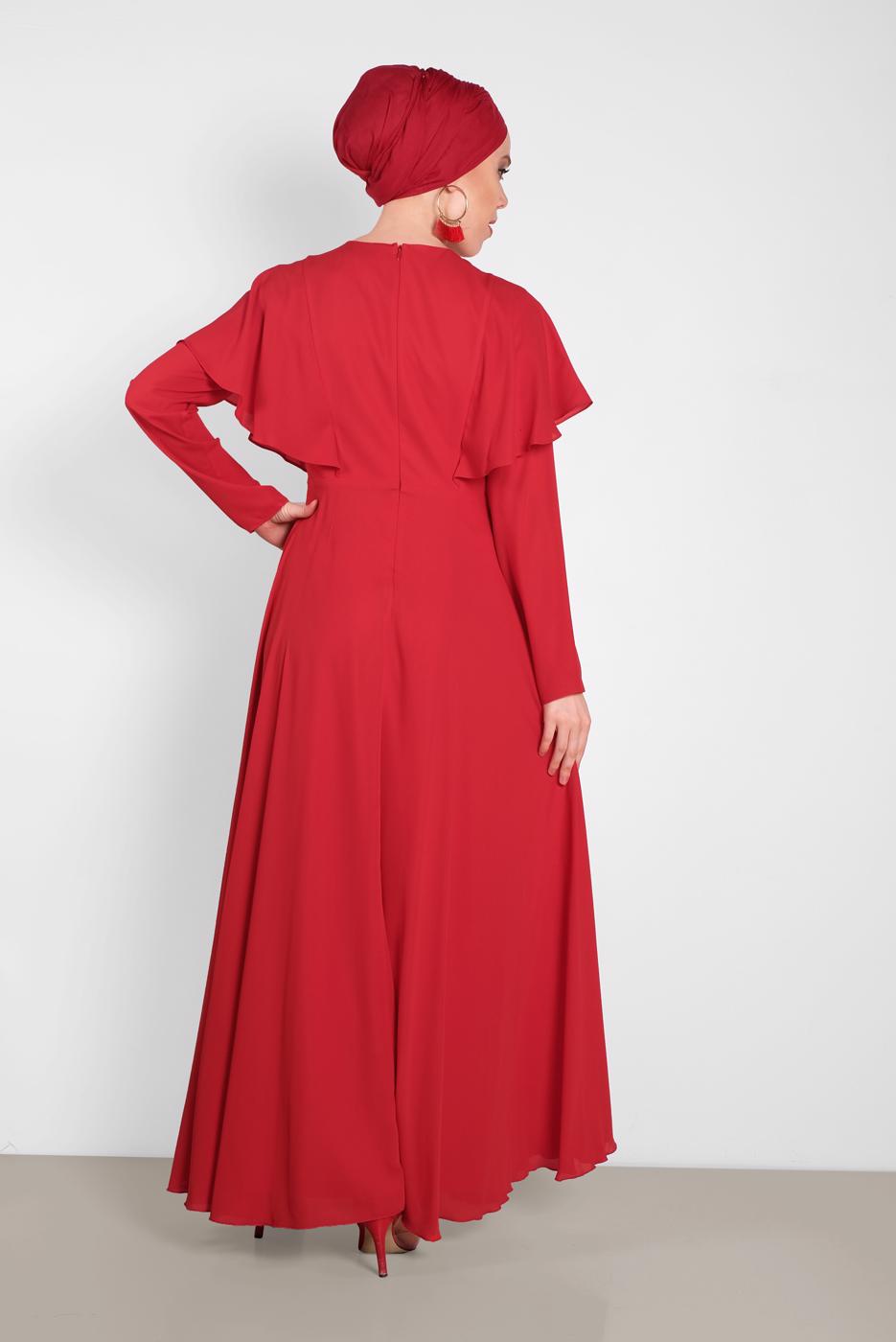 Tesettür giyim KIRMIZI ALVİNA NAKIŞ İŞLEMELİ VOLANLI ELBİSE 4268 