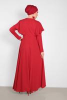 Tesettür giyim KIRMIZI ALVİNA NAKIŞ İŞLEMELİ VOLANLI ELBİSE 4268 