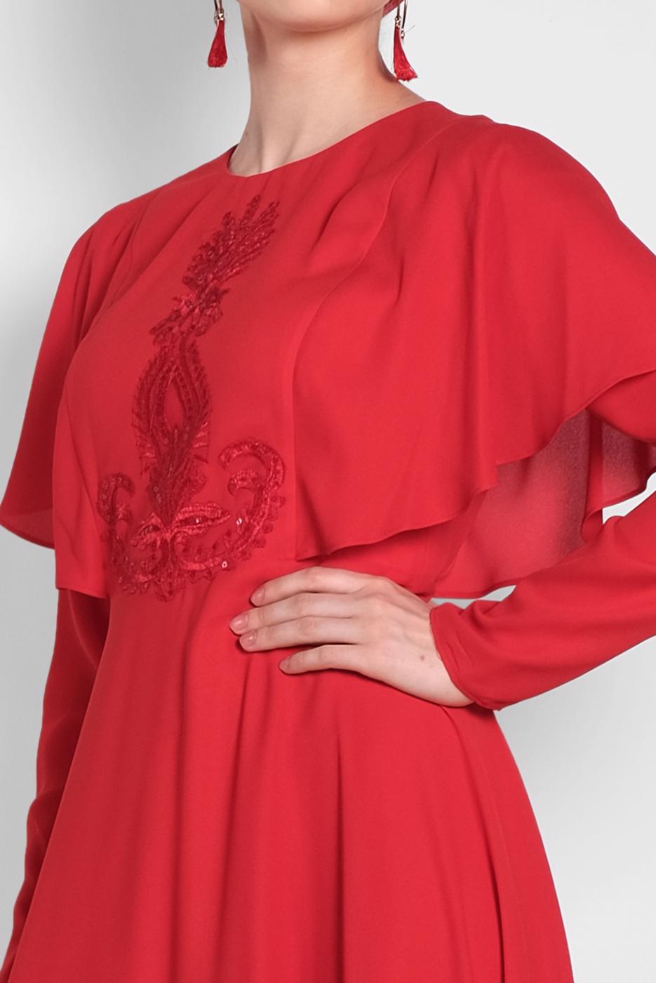 Tesettür giyim KIRMIZI ALVİNA NAKIŞ İŞLEMELİ VOLANLI ELBİSE 4268 