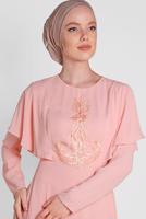 Tesettür giyim PUDRA ALVİNA NAKIŞ İŞLEMELİ VOLANLI ELBİSE 4268 