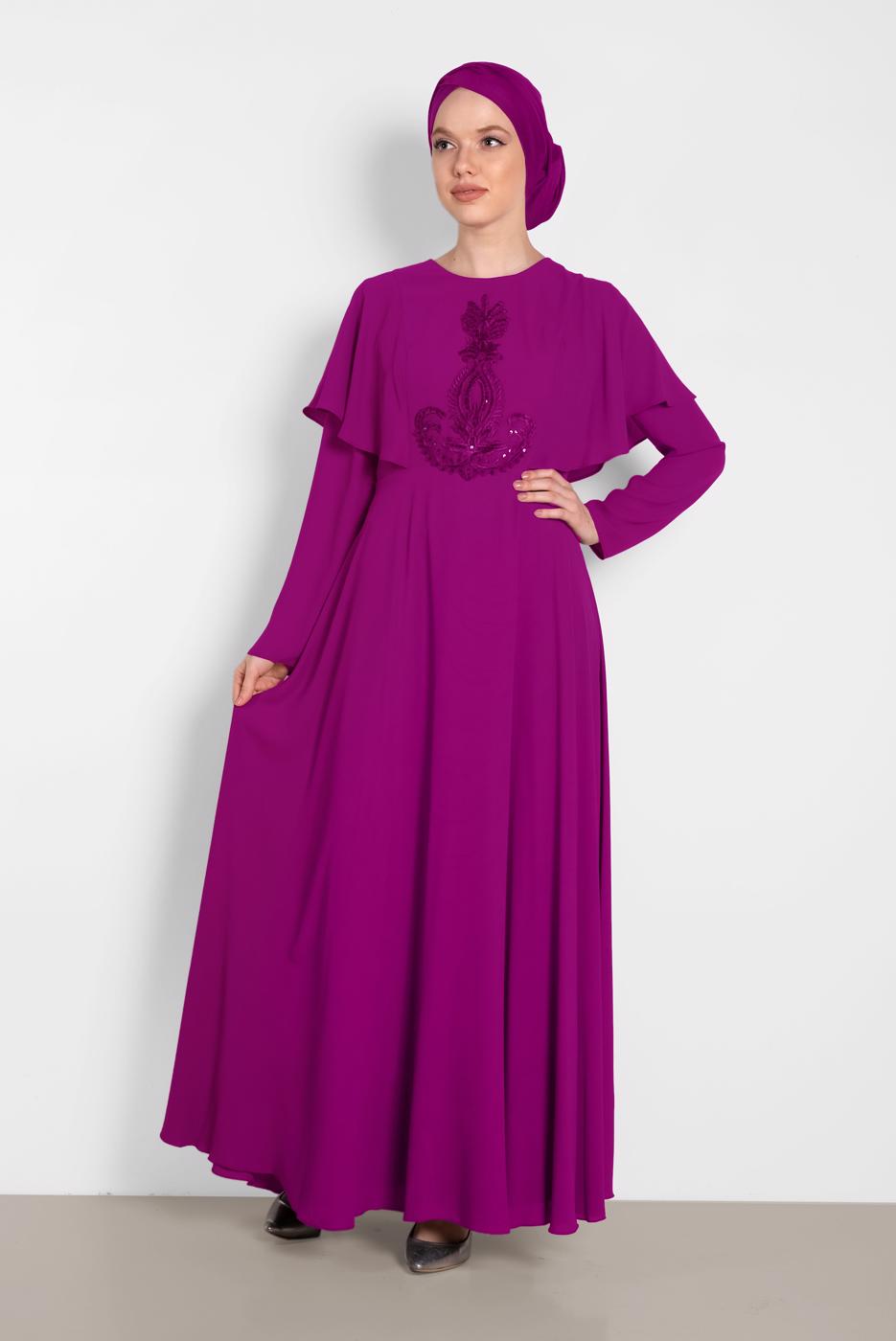 Tesettür giyim MOR ALVİNA NAKIŞ İŞLEMELİ VOLANLI ELBİSE 4268 