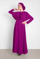 Tesettür giyim MOR ALVİNA NAKIŞ İŞLEMELİ VOLANLI ELBİSE 4268 
