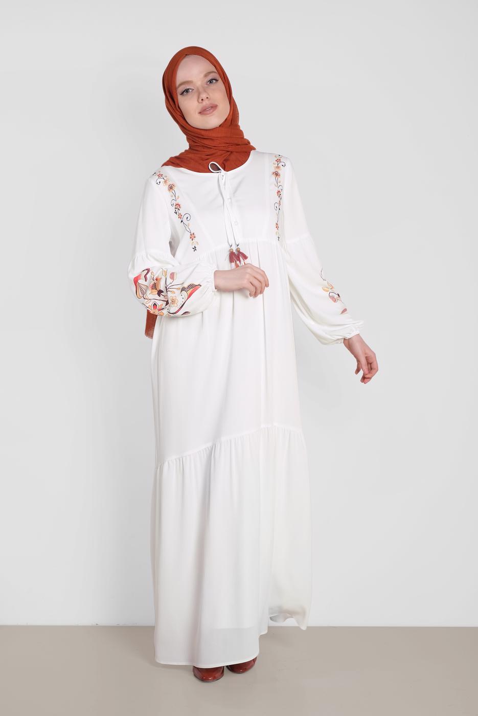 Tesettür giyim KREM NAKIŞ BASKILI ELBİSE 4292